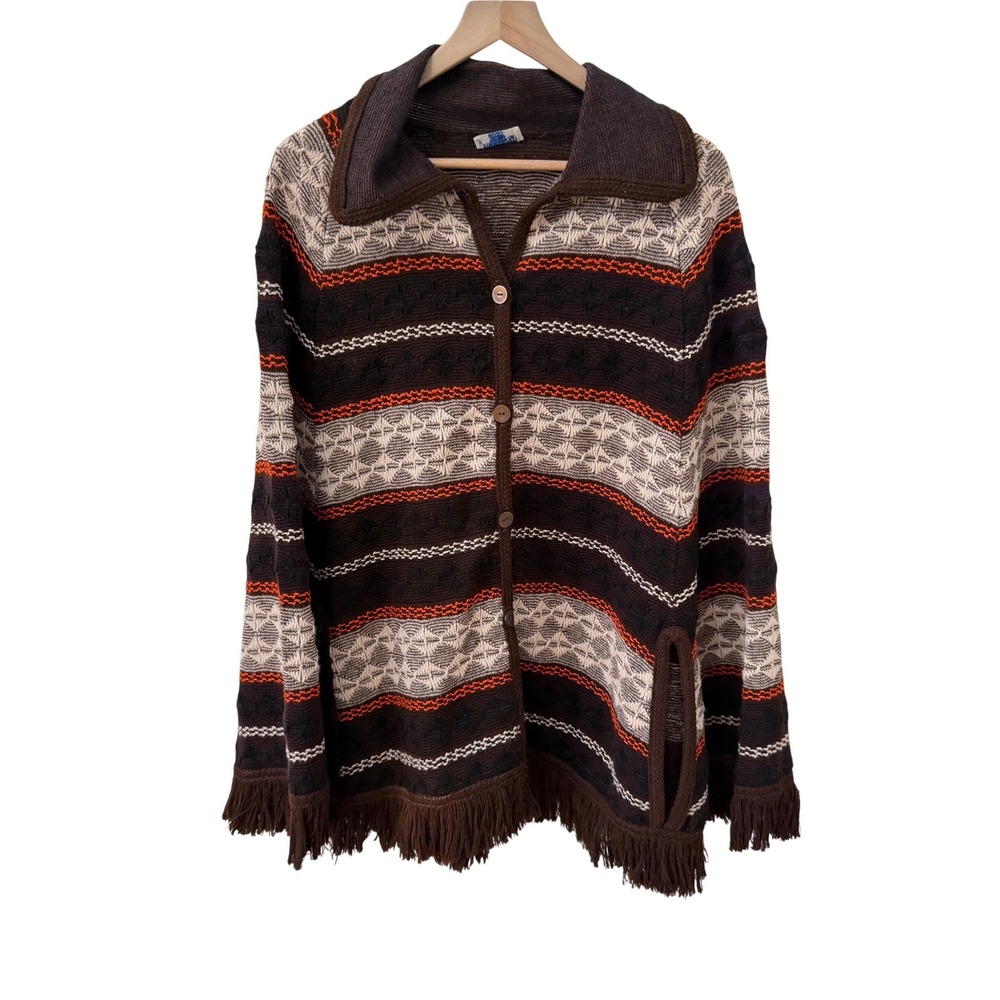 Sears Vintage Knit Poncho Cardigan‎ OS Brown Orange Fair Isle Fringe ILGWU USA